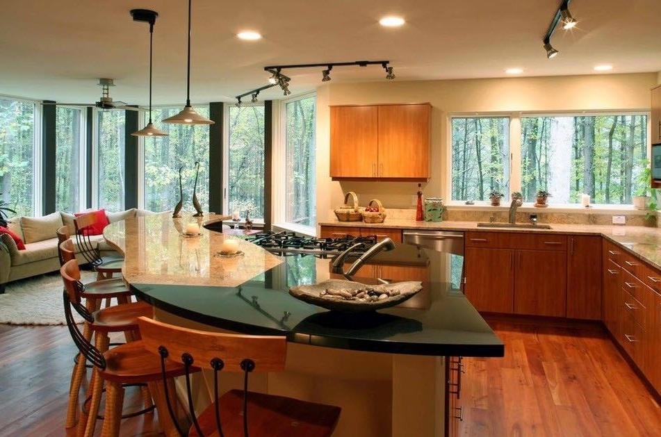 Ruang tamu digabungkan dengan dapur, contoh zon