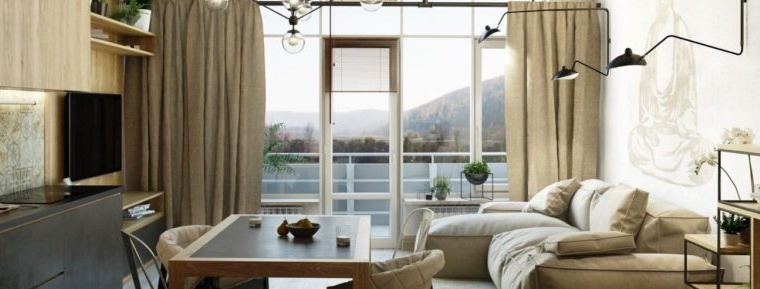 kombinierte Küche mit Panoramafenster