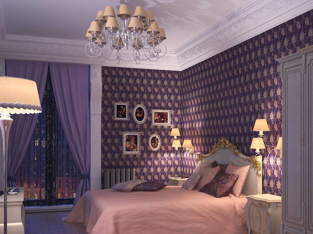 ungu gelap dengan hiasan cahaya di pedalaman bilik tidur